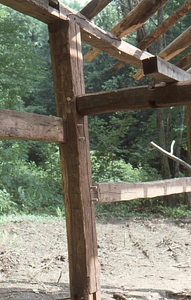 Detail of post and beams at Moon Barn Raising at entrance to Hopkins Forest on 2 August 1975.