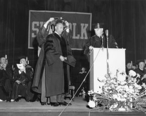 Judge Ivorey Cobb (JD '60), receives an honorary degree at the 1965 Suffolk University Law School commencement