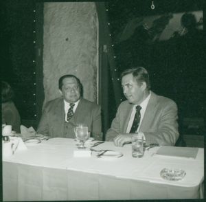 Suffolk University Law Dean David J. Sargent seated with Professor Alexander J. Cella at a Law Review event