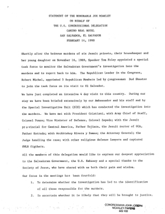 Statement by John Joseph Moakley on behalf of U.S. Congressional Delegation regarding Jesuit murders and Task Force trip to El Salvador, 14 February 1990