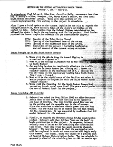 Memorandum titled, Meeting on the Central Artery/Third Harbor Tunnel, summarizes issues brought up by the South Boston groups and other issues involving John Joseph Moakley directly, 7 January 1987