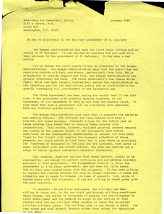 News Release from the Americans for Democratic Action, "An End to Assistance to the Military Government of El Salvador"