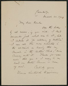 Letter, March 20, 1904 Thomas Wentworth Higginson to James Jeffrey Roche