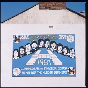 H-Blocks image and names of hunger strikers mural. To commemorate the 25th anniversary of their deaths in 1981. This mural was on the main Dublin to Belfast road, at the border at Killeen, near Newry