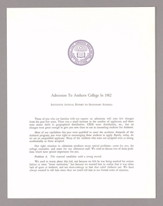 Amherst College annual report to secondary schools and report on admission to Amherst College, 1962