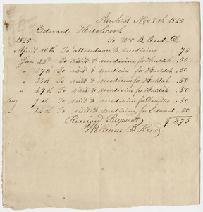 Edward Hitchcock receipt of payments to Dr. William Barrett Reed, 1845 November 8