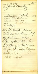 Tewksbury Almshouse Intake Record: Crowley, James