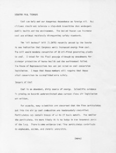 Later version of speech concerning coal and mentioning Greenhouse Effect