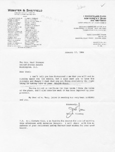 Letter from John V. Lindsay to Paul Tsongas
