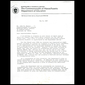 Letter, Superintendent John W. Rogers, May 8, 1987.