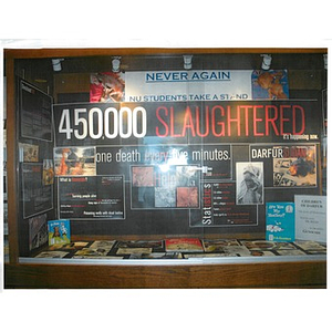 Photo of library display entitled "Never again: NU students take a stand."
