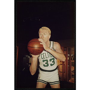 A photograph of a sculpture of the Boston Celtics' Larry Bird in the New England Sports Museum