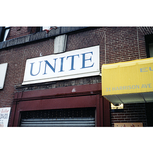 Union of Needle Industrial and Textile Employees sign in Boston's Chinatown