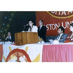 Chinese Progressive Association director Suzanne Lee gives a speech at the Rainbow Leadership Award Ceremony at Boston University