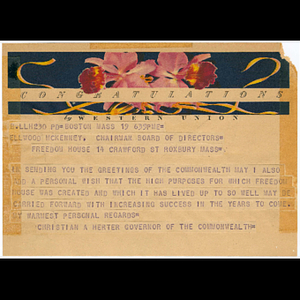 Telegram from Christian A. Herter, Governor of the Commonwealth, to Ellwood McKenney, Chairman of the board of Directors of Freedom House