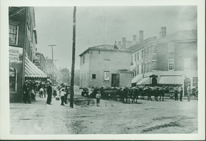 Oxen teams moving a house down State Street, Newburyport, Mass., undated