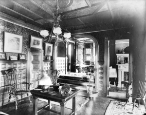 Interior view of unidentified house, hall, arched entryway end, Longwood, Brookline, Mass., 1888-1892