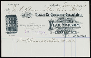 Billhead for the Boston Co-Operative Association, manufacturers of fine segars and dealers in leaf tobacco, 85 State Street, Boston, Mass., dated June 12, 1889