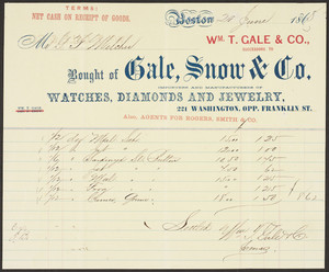 Billhead for Gale, Snow & Co., importers and manufacturers of watches, diamonds and jewelry, 221 Washington, opp. Frnaklin Street, Boston, Mass., dated 20 June 1868