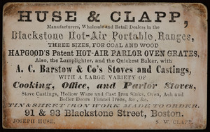 Trade card for Huse & Clapp, stoves, 91 & 93 Blackstone Street, Boston, Mass., undated
