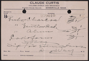 Prescription for Claude Curtis, pharmacist, College Avenue and Broadway, Powder House Square, Somerville, Mass., undated