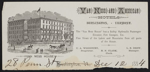 Letterhead for the Van Ness and American Hotels, Burlington, Vermont, dated December 12, 1884