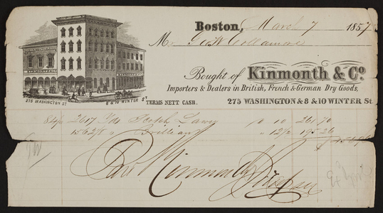 Billhead for Kinmonth & Co., dry goods, 275 Washington & 8 & 10 Winter Streets, Boston, Mass., dated March 7, 1857
