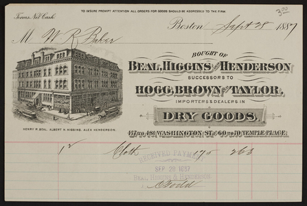 Billhead for Beal, Higgins and Henderson, importers & dealers in dry goods, 477 to 481 Washington Street and 60 to 70 Temple Place, Boston, Mass., dated September 28, 1887