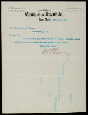 W. B. Keyser/National Bank of the Republic to Thomas Lincoln Casey, April 1, 1893