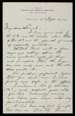 [Bernard R.] Green to Thomas Lincoln Casey, September 10, 1895