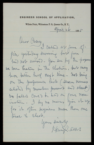 Henry L. Abbot to Thomas Lincoln Casey, April 26, 1885