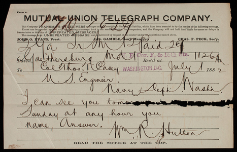 [William] R. Hutton to Thomas Lincoln Casey, July 1, 1882, telegram