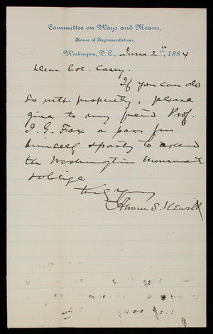 Abram S. Hewitt to Thomas Lincoln Casey, June 2, 1884