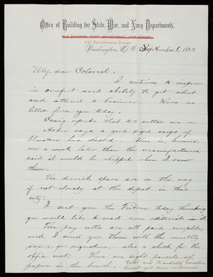 Bernard R. Green to Thomas Lincoln Casey, September 1, 1883