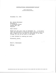 Letter from Mark H. McCormack to Anton Mosimann