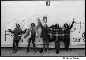 Five friends posed in front of graffiti covered wall: Verandah Porche (far left)