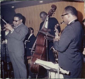 Dizzy Gillespie (trumpet), Chris White (bass), and James Moody (saxophone) performing at the Jazz Workshop