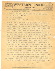 Telegram from graduates of American universities in Iraq to W. E. B. Du Bois