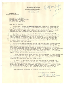 Letter from Charles R. Lawrence, Jr. to W. E. B. Du Bois