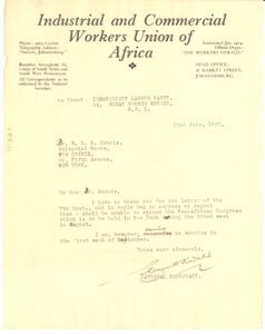 Letter from Clements Kadalie to W. E. B. Du Bois