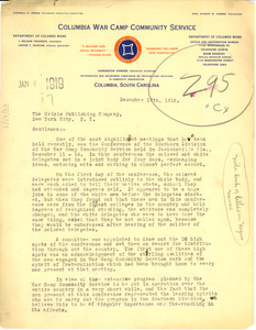 Letter from Columbia War Camp Community Service Department of Colored Work to W. E. B. Du Bois