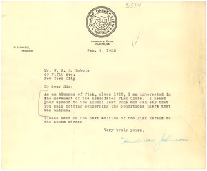 Letter from Henderson Johnson to W. E. B. Du Bois
