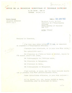 Letter from H. Deschamps to W. E. B. Du Bois
