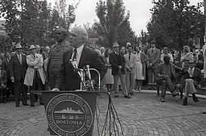 Mayor Kevin H. White speaking at dedication ceremony for the Mayor James M. Curley statue
