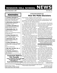 Mission Hill School newsletter, December 3, 2001