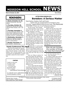 Mission Hill School newsletter, October 22, 2001