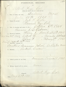 Personal record of Albert Frye Cole (1196)