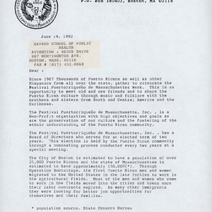 First page of letter to Bruce Smith at the Harvard School of Public Health about Festival Puertorriqueño de Massachusetts, Inc.