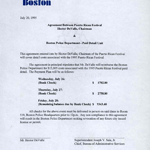 Agreement to be signed by Hector Del Valle of Puerto Rican Festival of Massachusetts, Inc. and Joseph V. Saia, Jr., of the Boston Police Department