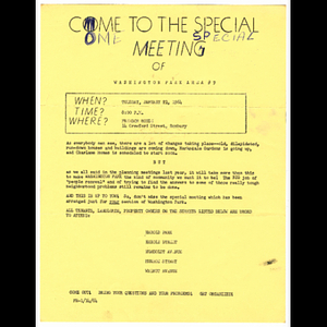 Flier for Washington Park Area 9 meeting held January 21, 1964